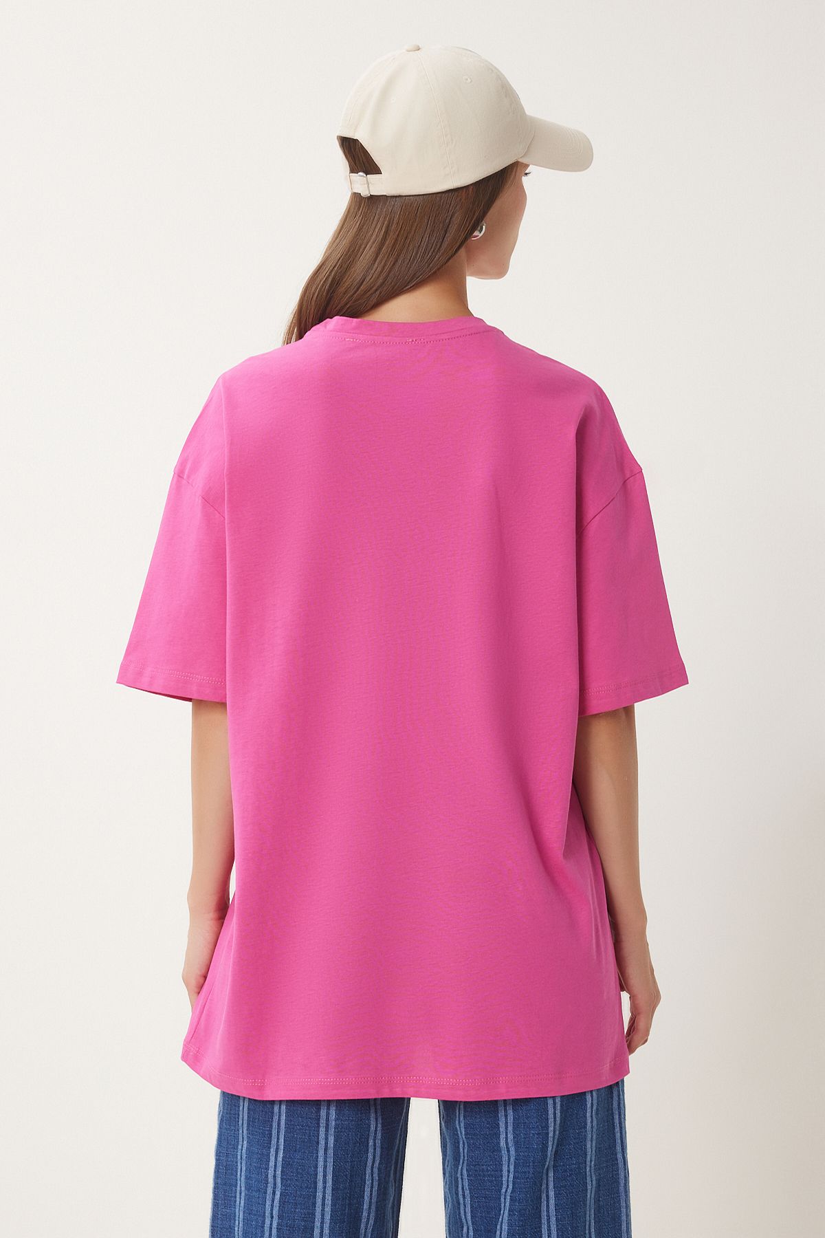 Koyu Pembe Oversize Baskılı Örme T-Shirt JH00054