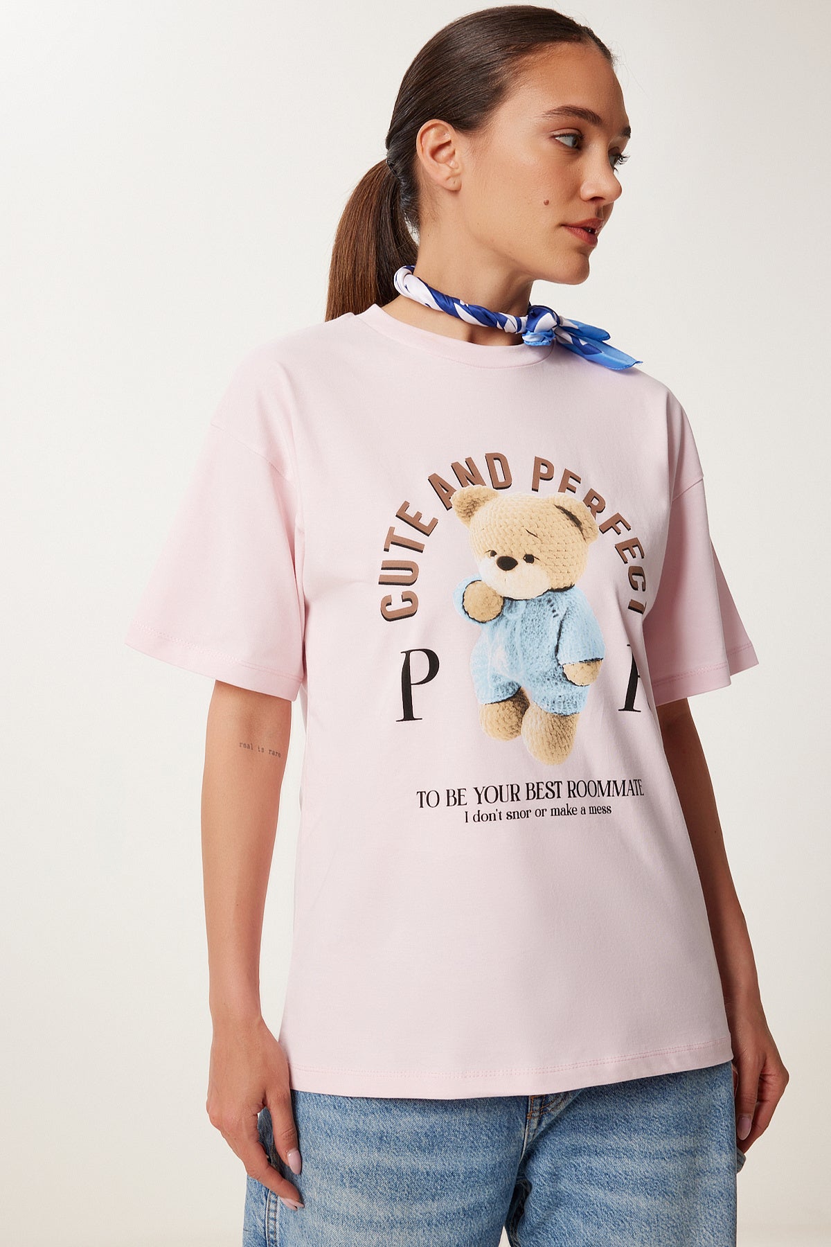 Açık Pembe Baskılı Oversize Pamuklu Örme T-Shirt CR00508