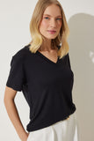 Siyah V Yaka Basic Viskon Örme T-Shirt EN00613