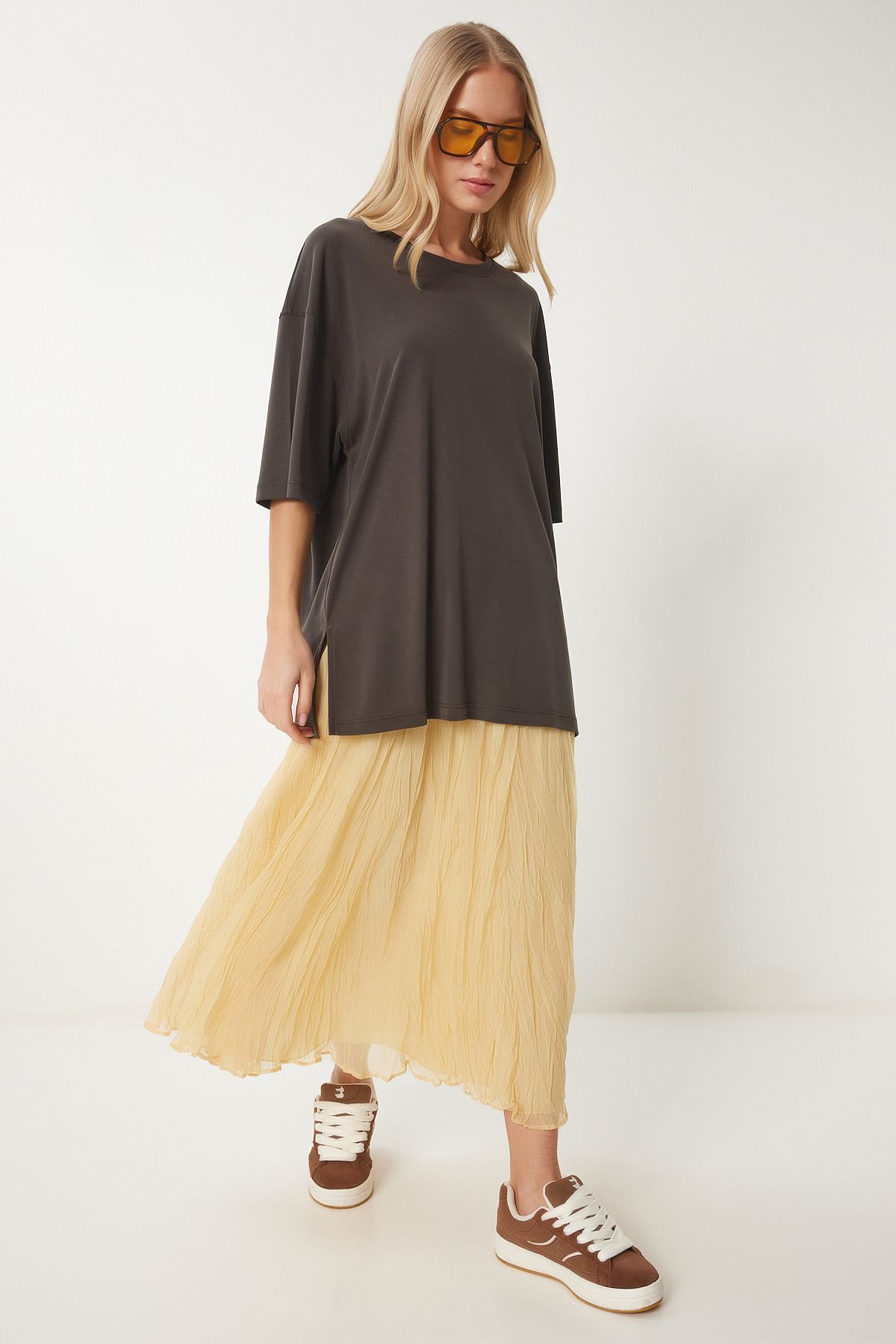 Kahverengi Oversize Basic Modal T-shirt UB00323