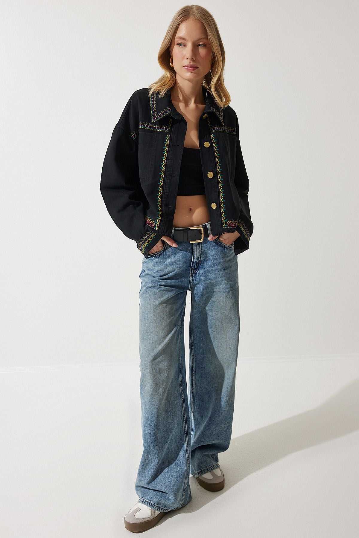 Siyah Nakışlı Püsküllü Oversize Denim Ceket SA00018
