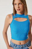 Mavi Cut Out Detaylı Fitilli Crop Örme Bluz KH00089