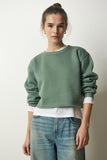 Çağla Yeşili Bisiklet Yaka Şardonlu Crop Örme Sweatshirt  BF00085