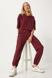 Bordo Crop T-Shirt Jogger Altlı Örme Eşofman Takımı FN03316