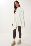Ekru Yandan Yırtmaçlı Oversize Panço Kazak YY00005