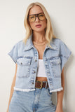 Açık Mavi Püskül Detaylı Oversize Denim Crop Ceket OK00062