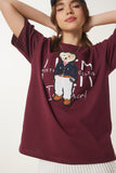Bordo Ayıcık Armalı Pamuklu Oversize Örme T-Shirt CR00452