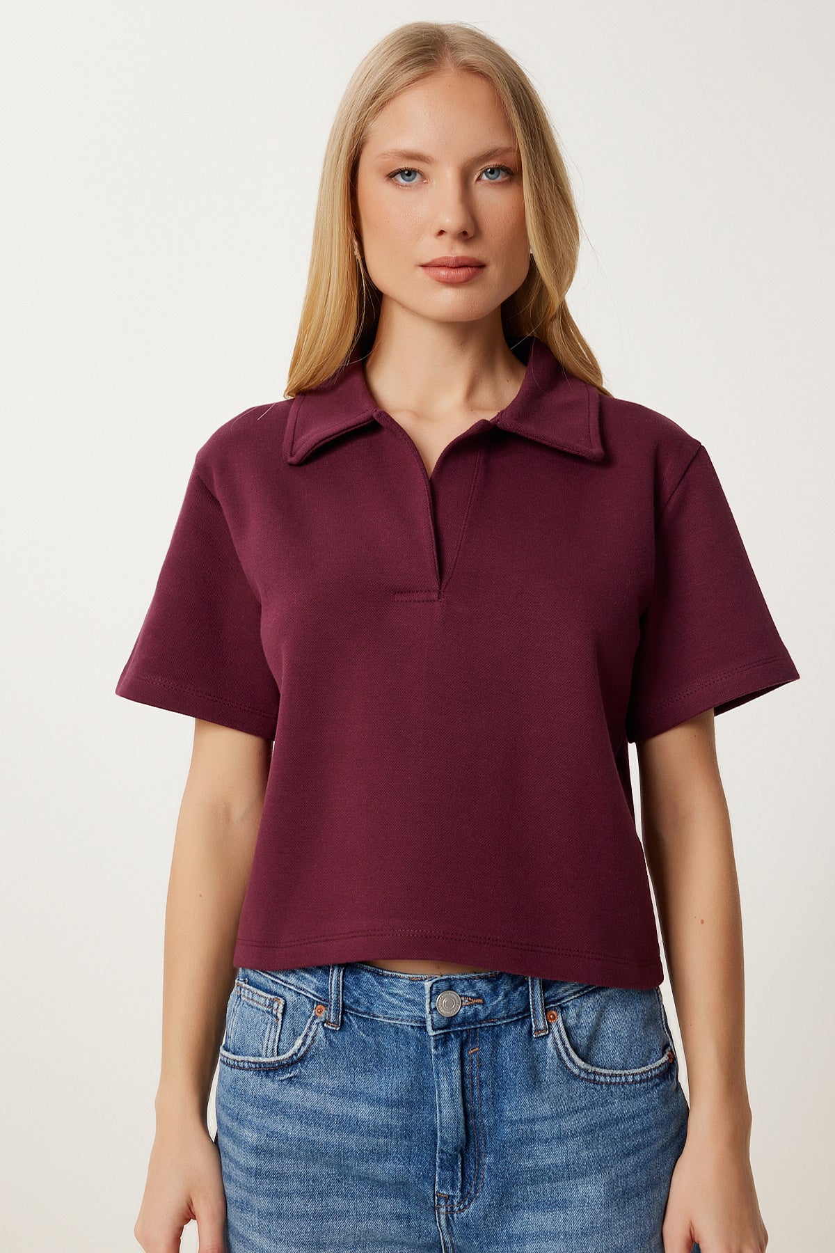 Bordo Polo Yaka Pike Örme T-Shirt DP00254