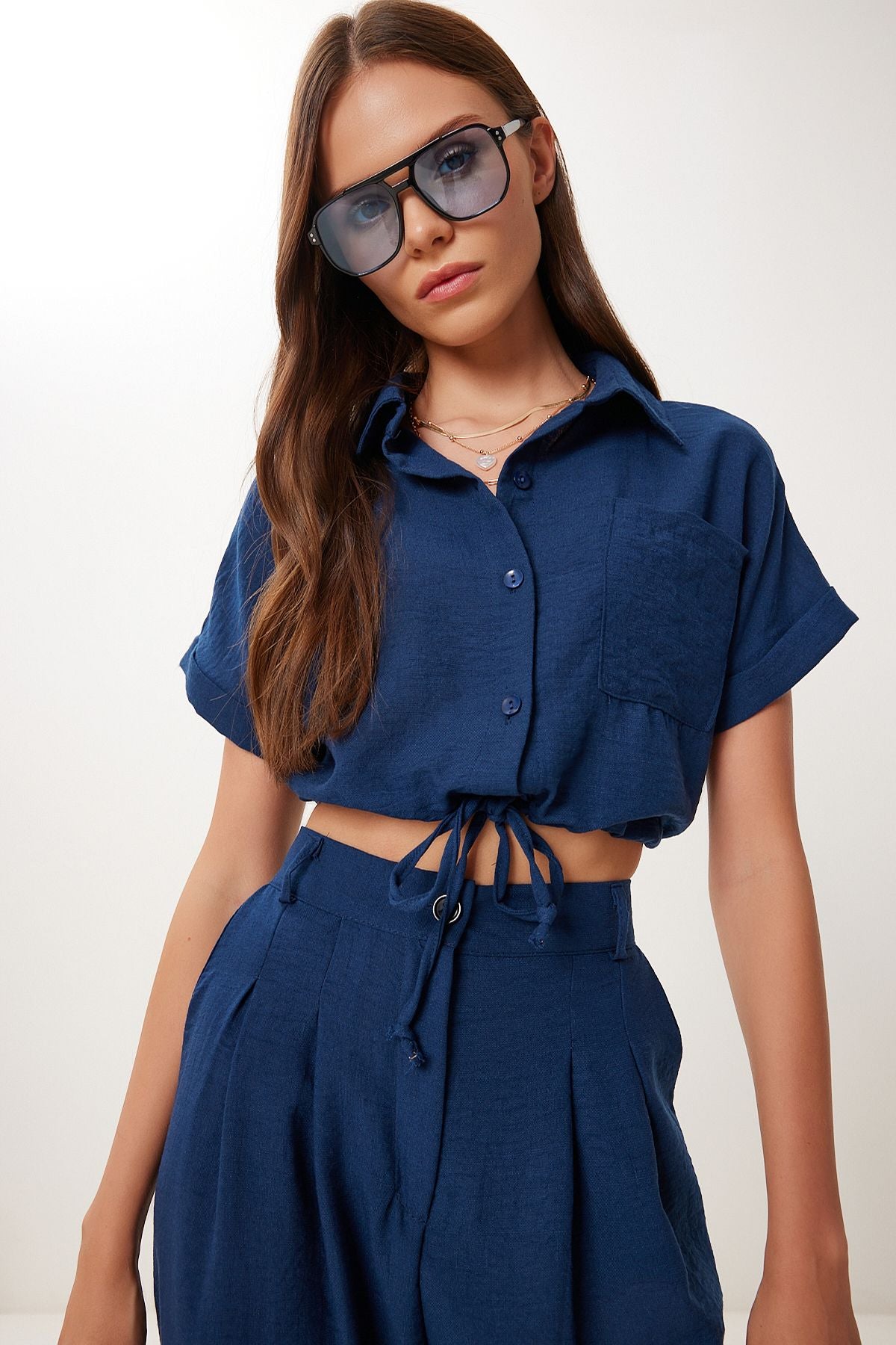 Lacivert Keten Crop Gömlek Pantolon Takım BV00149