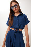Lacivert Keten Crop Gömlek Pantolon Takım BV00149