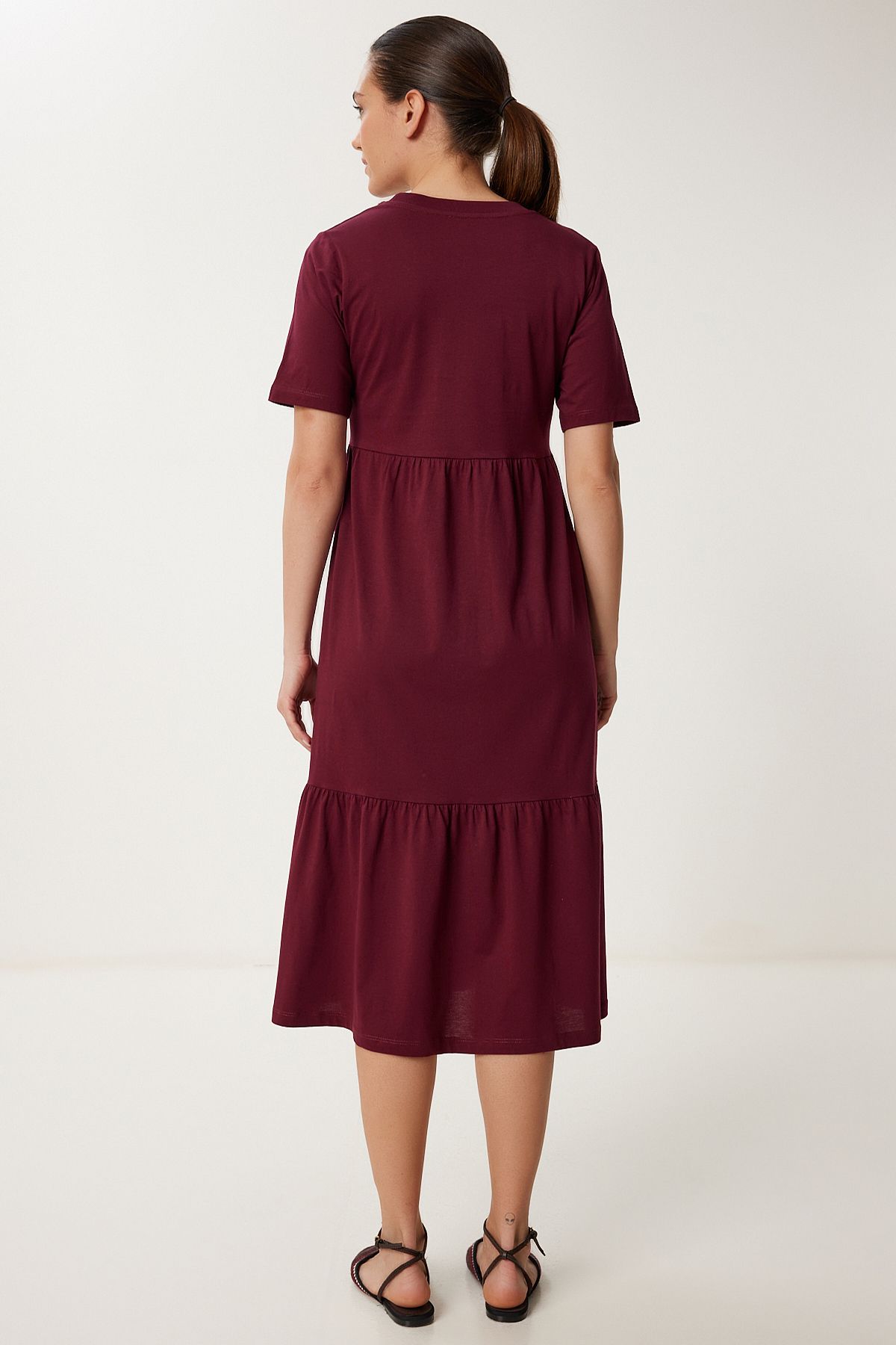 Bordo Oversize Volanlı Yazlık Örme Elbise CR00475