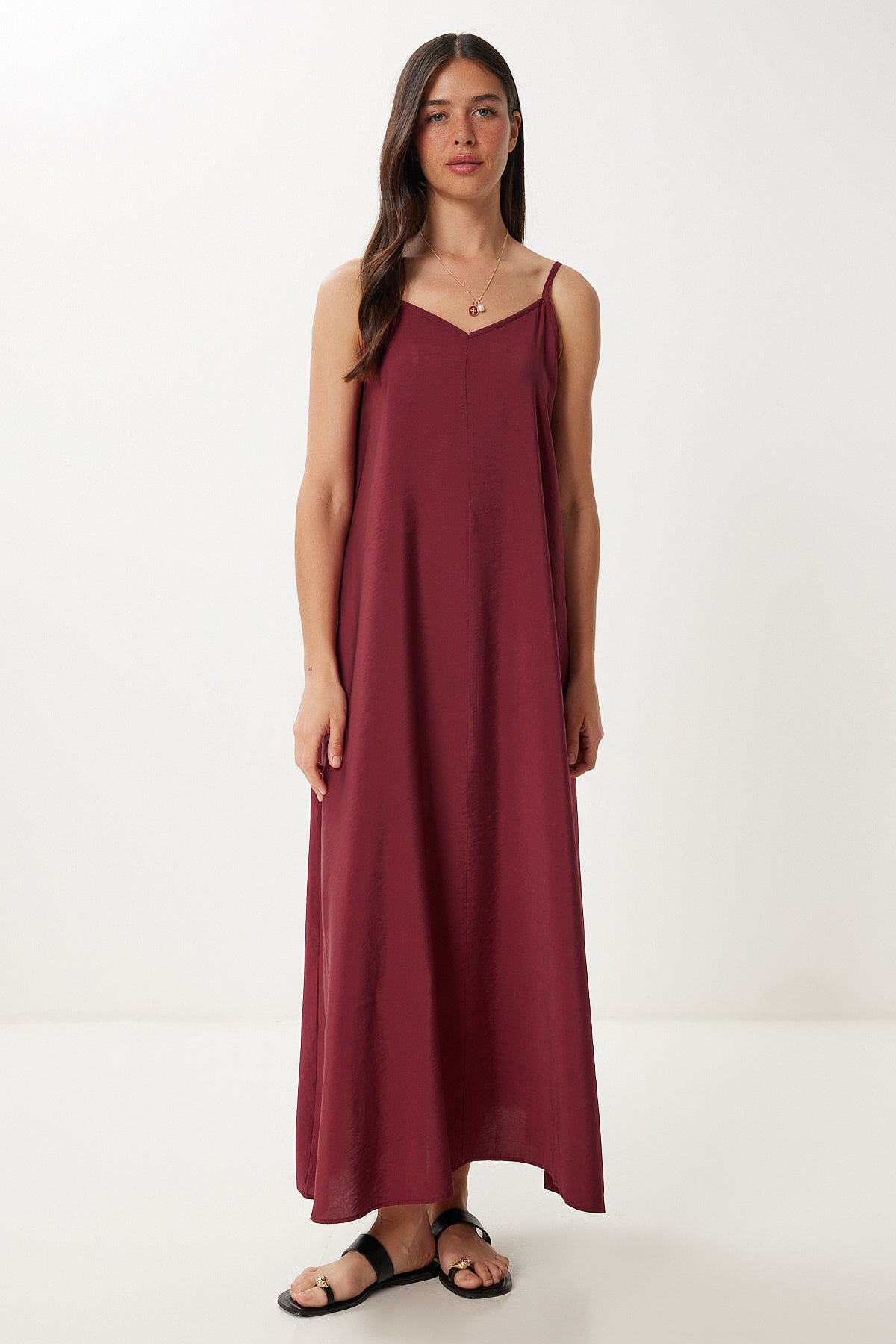 Bordo Askılı Basic Yazlık Modal Elbise FN03474