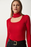 Kırmızı Cut Out Detaylı Balıkçı Yaka Fitilli Örme Bluz GT00228