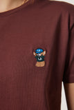 Kahverengi Ayıcık İşlemeli Pamuklu Örme T-Shirt CR00455