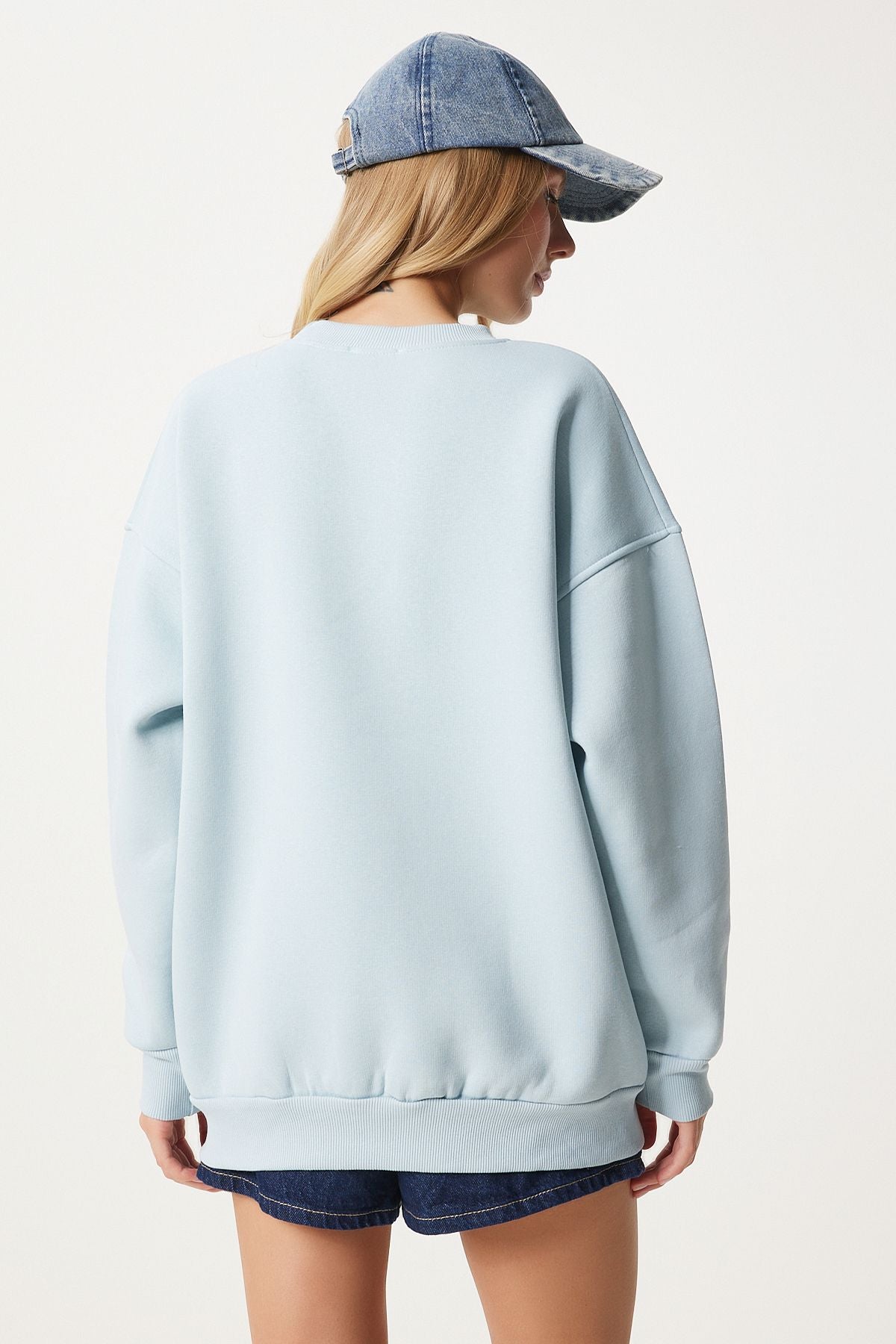Gök Mavi Nakışlı Armalı Şardonlu Oversize Sweatshirt NJ00160
