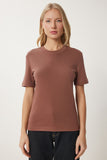 Kahverengi Pamuklu Basic Örme T-Shirt AG00001