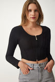 Siyah Fermuarlı Fitilli Crop Bluz SF00006