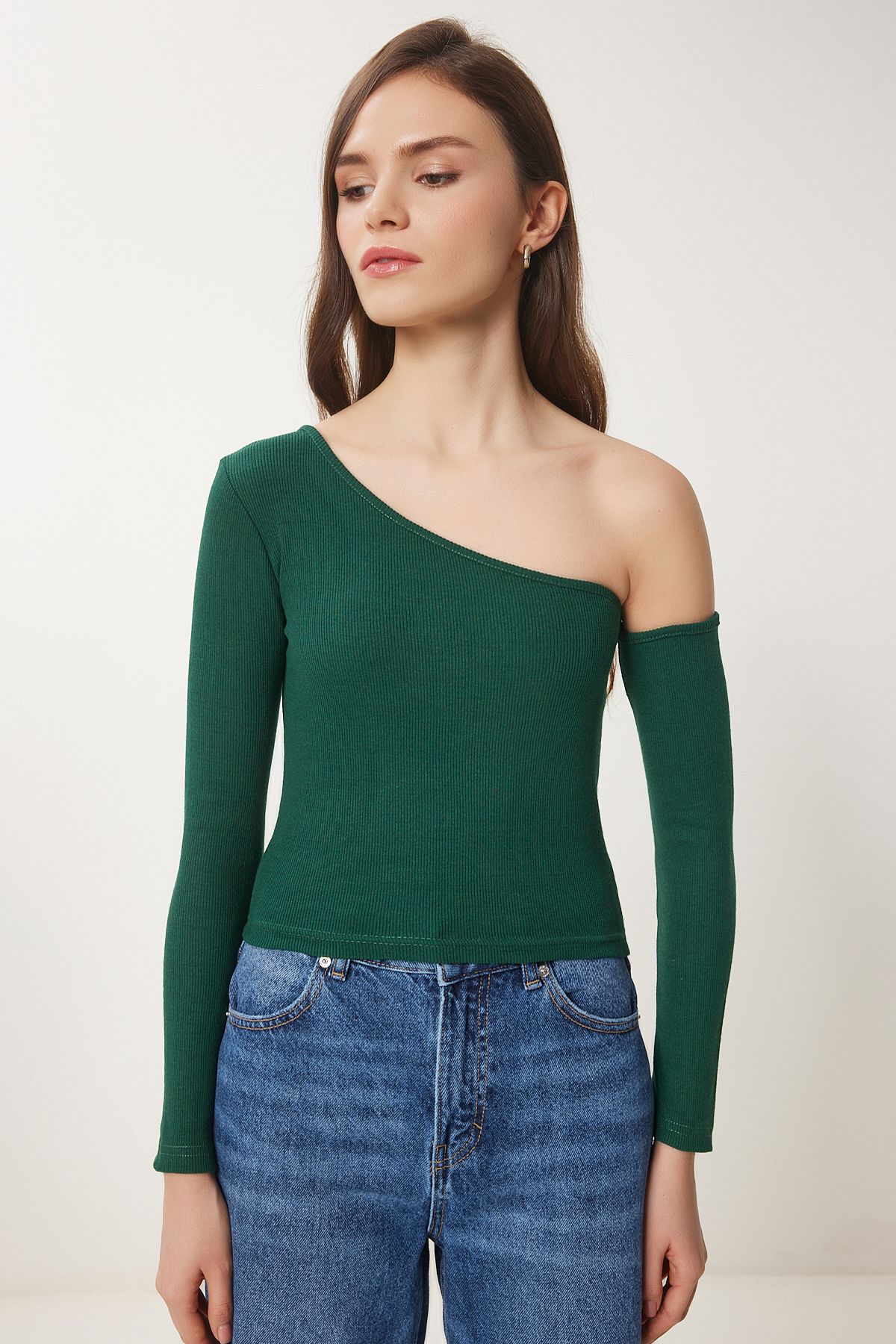 Yeşil Açık Omuzlu Fitilli Örme Bluz TG00011