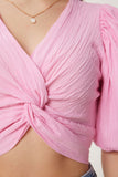 Pembe Balon Kollu Crop Dokuma Bluz RG00052