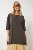 Kahverengi Oversize Basic Modal T-shirt UB00323