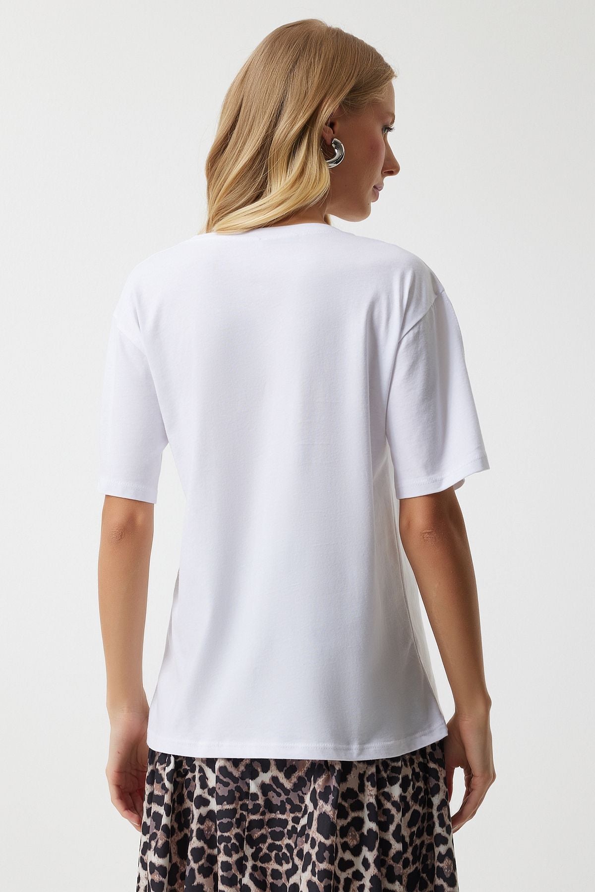 Beyaz Baskılı Pamuklu Örme T-Shirt AN00196