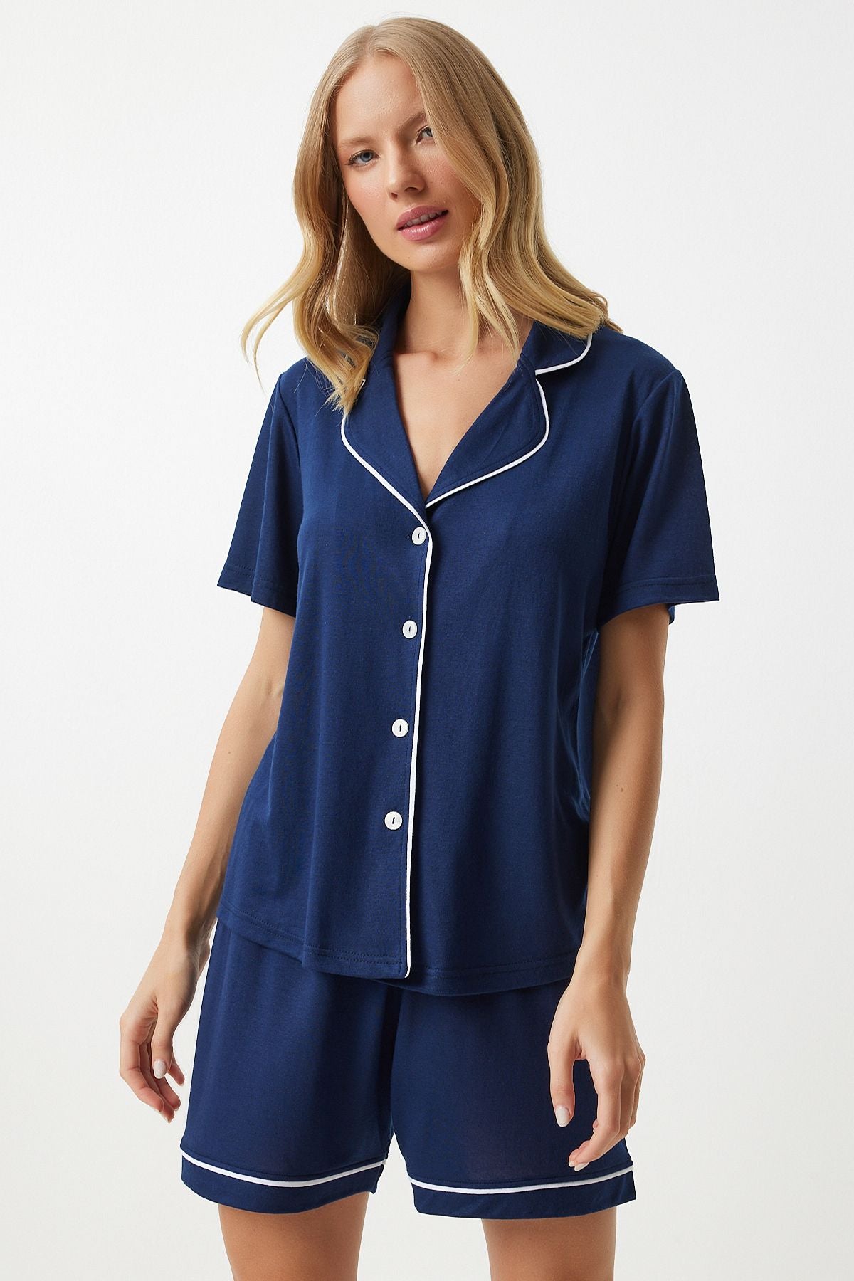 Lacivert Biye Detaylı Gömlek Şort Pijama Takımı EC00039