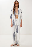 Ekru Lacivert Desenli Krinkıl Örme Kimono Pantolon Takım İY00006