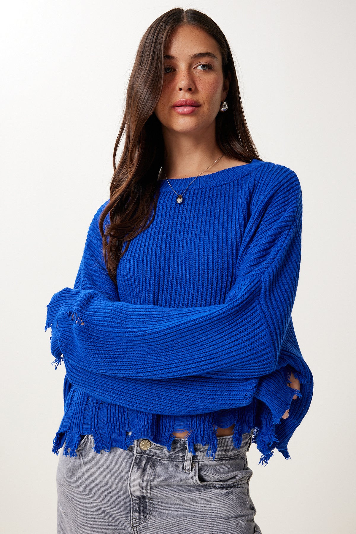 Koyu Mavi Yırtık Detaylı Oversize Triko Kazak ki00098
