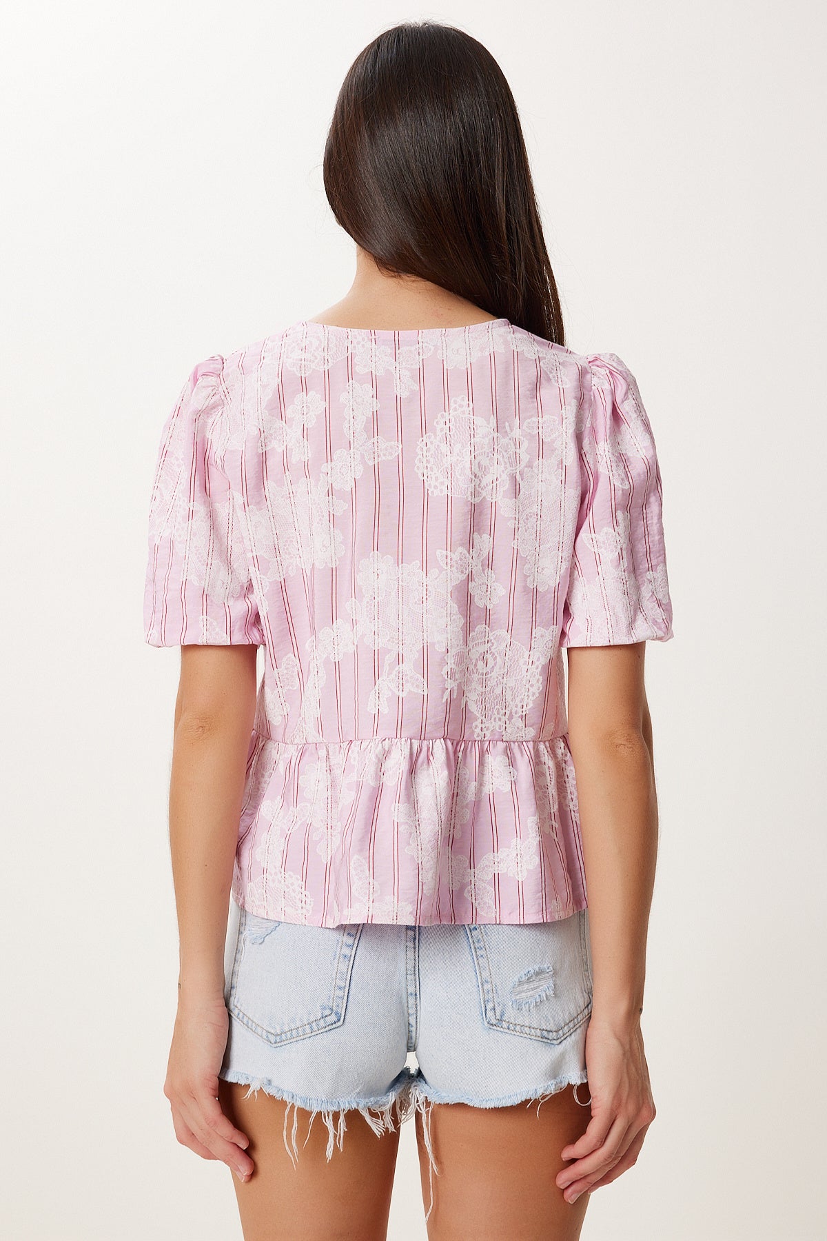 Pembe Desenli Volanlı Keten Karışımlı Bluz MX00202