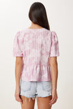 Pembe Desenli Volanlı Keten Karışımlı Bluz MX00202