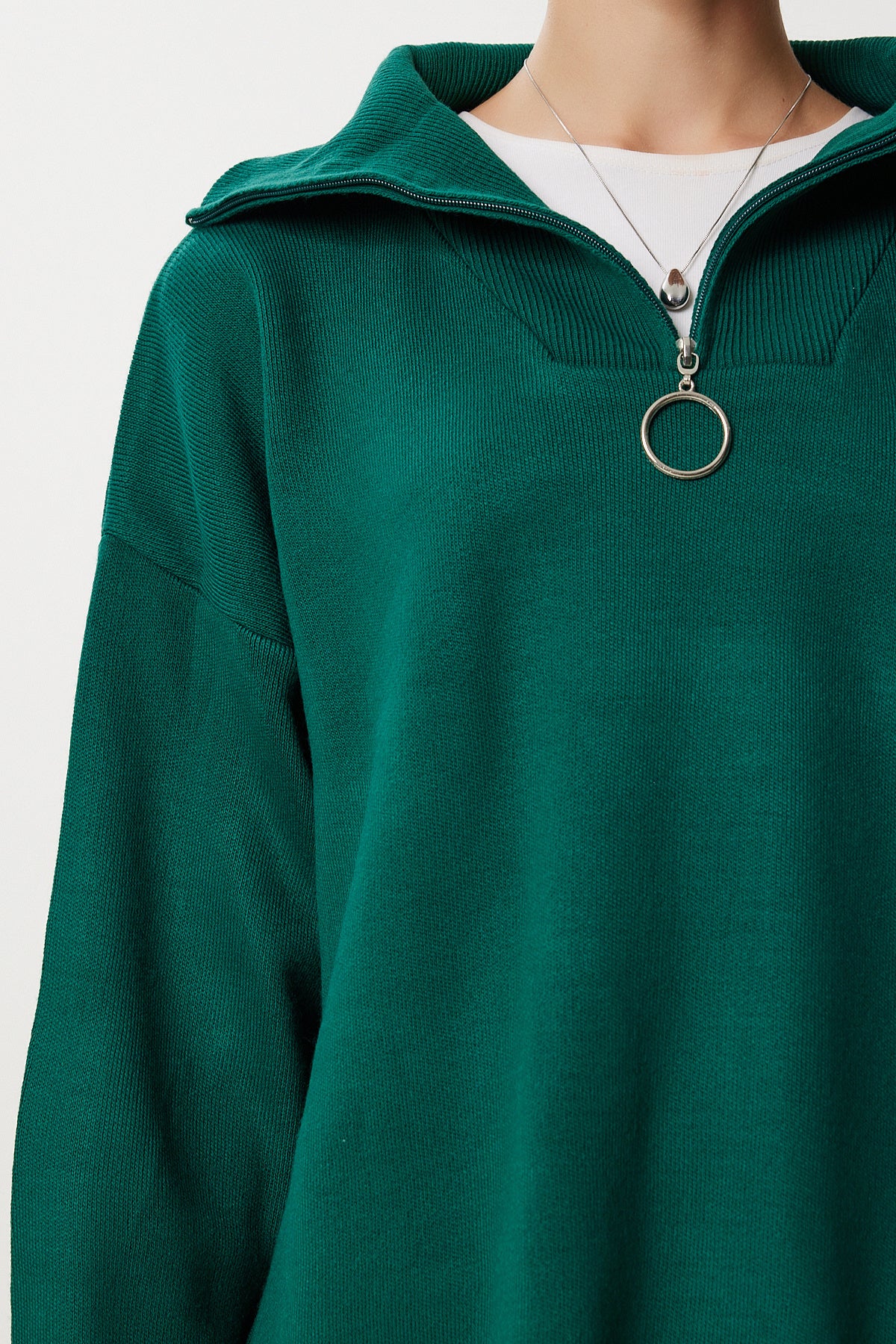 Zümrüt Yeşili Fermuarlı Oversize Triko Kazak YY00263