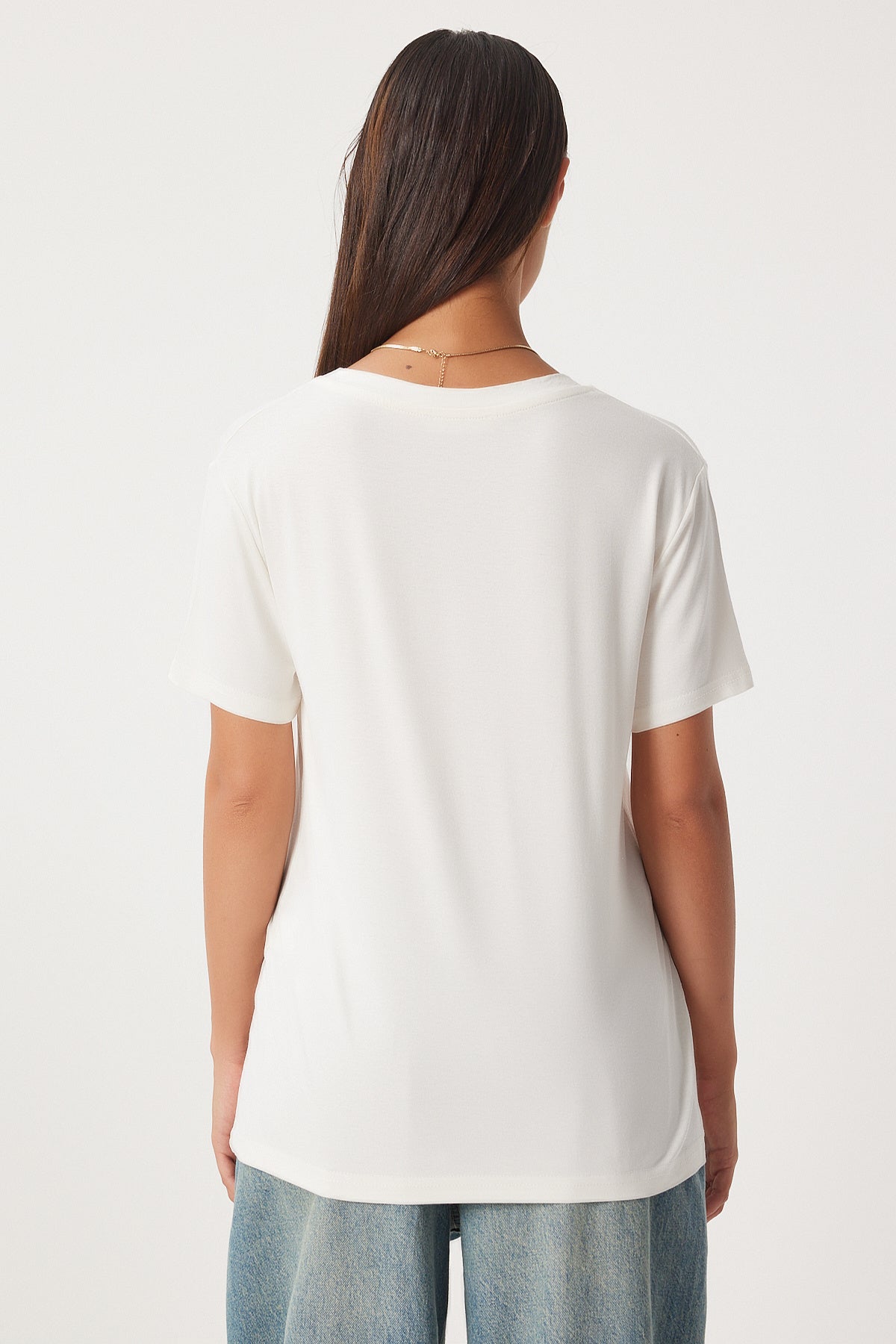 Ekru V Yaka Basic Viskon Örme T-Shirt EN00613