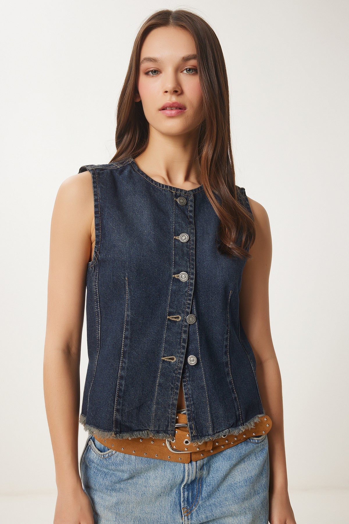 Koyu Lacivert Vücuda Oturan Denim Yelek NS00416