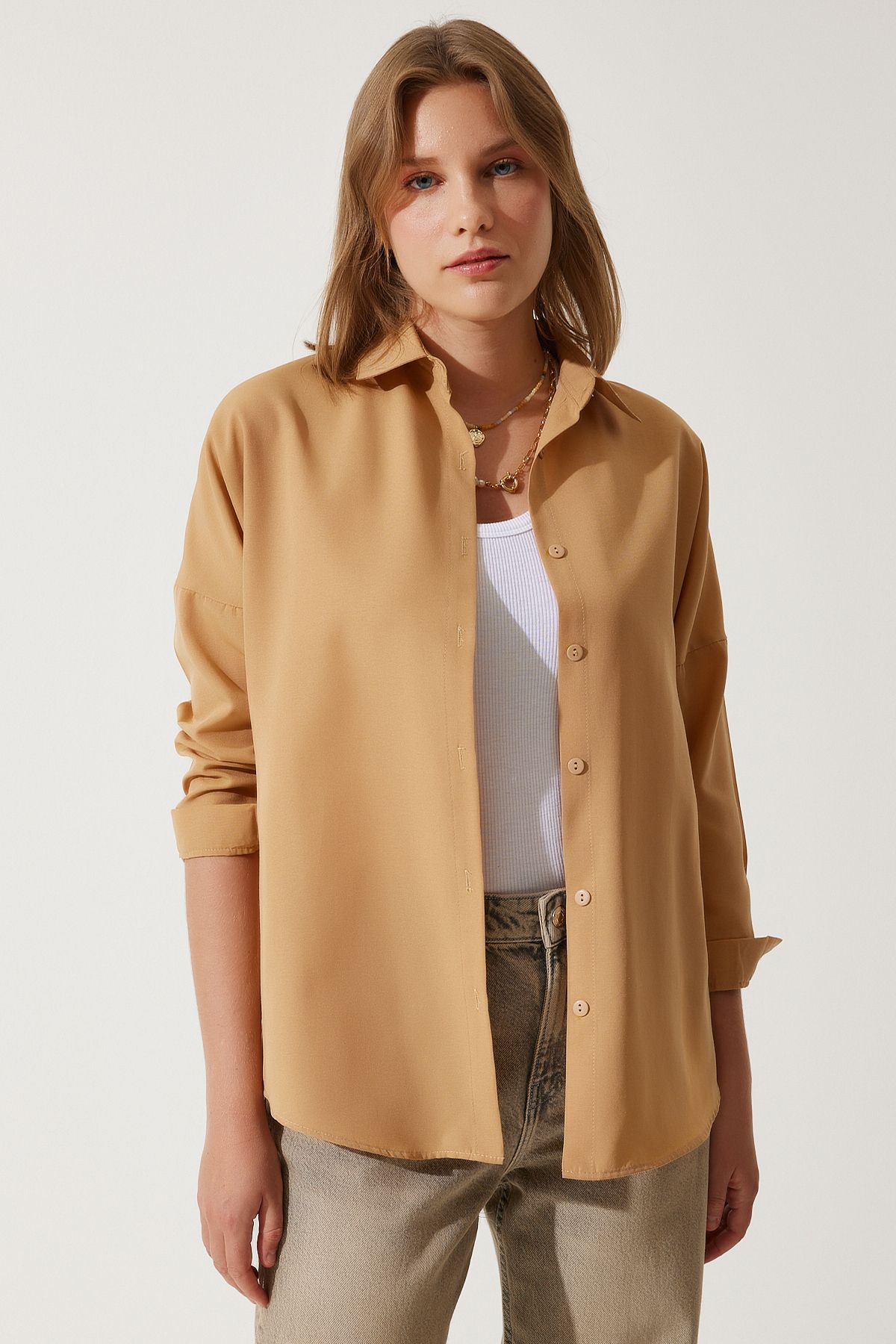 Camel Oversize Uzun Basic Gömlek  DD00842