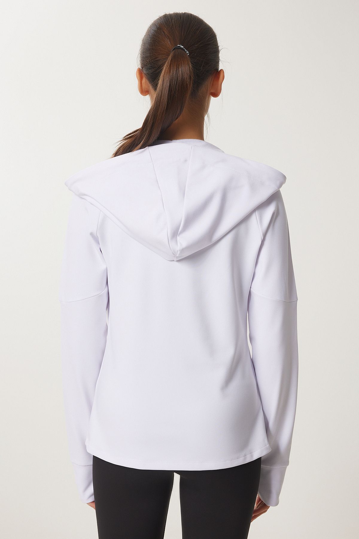 Beyaz Parmak Detaylı Kapüşonlu Fermuarlı Örme Sweatshirt VX00007