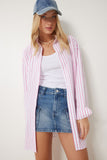Beyaz Pembe Çizgili Oversize Uzun Dokuma Gömlek BP00168
