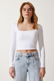 Beyaz Kare Yaka Fitilli Crop Örme Bluz  AN00176