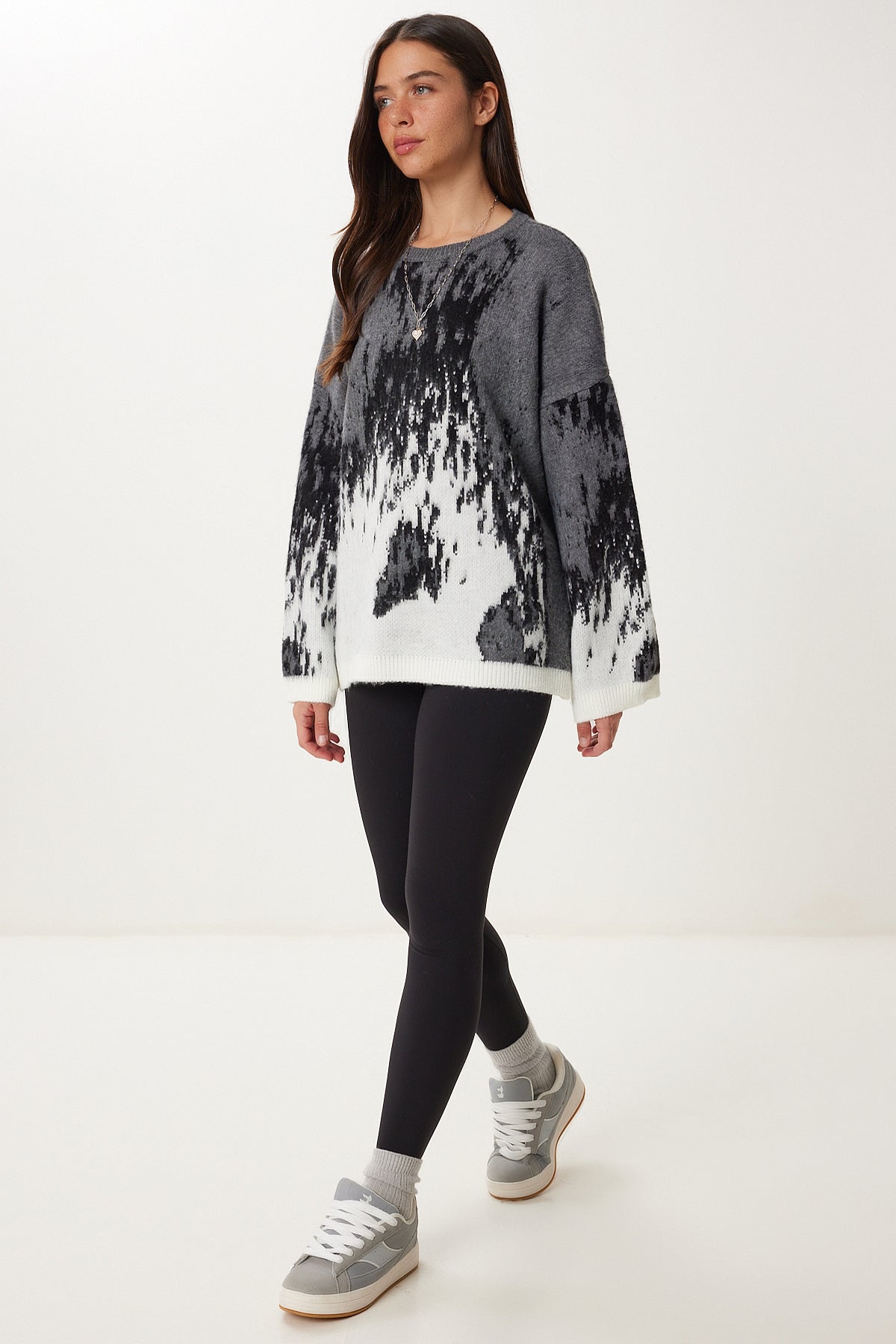 Antrasit Gri Desenli Oversize Triko Kazak Kİ00124