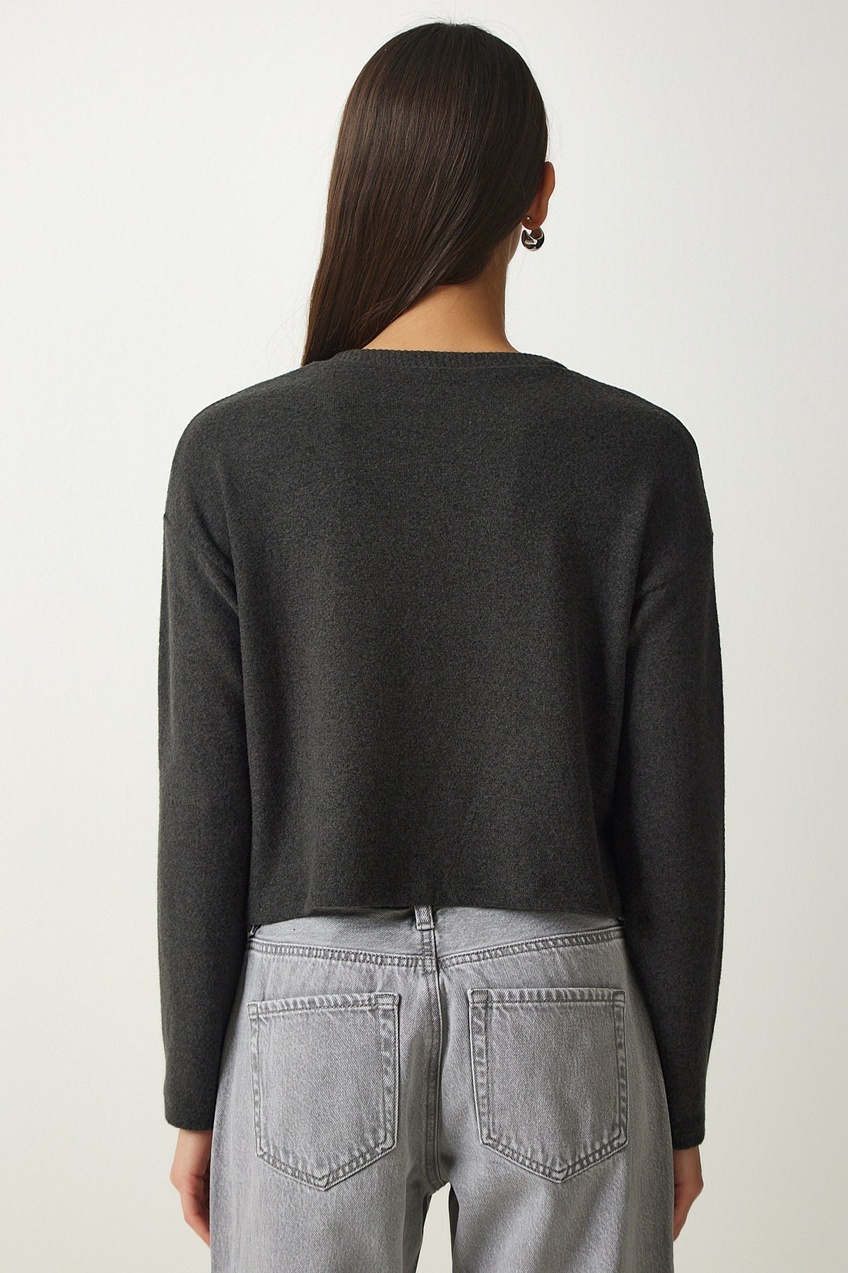 Antrasit Yumuşak Dokulu Crop Örme Bluz UB00214