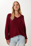 Bordo V Yaka Selanik Örgü Oversize Triko Kazak ZA00059