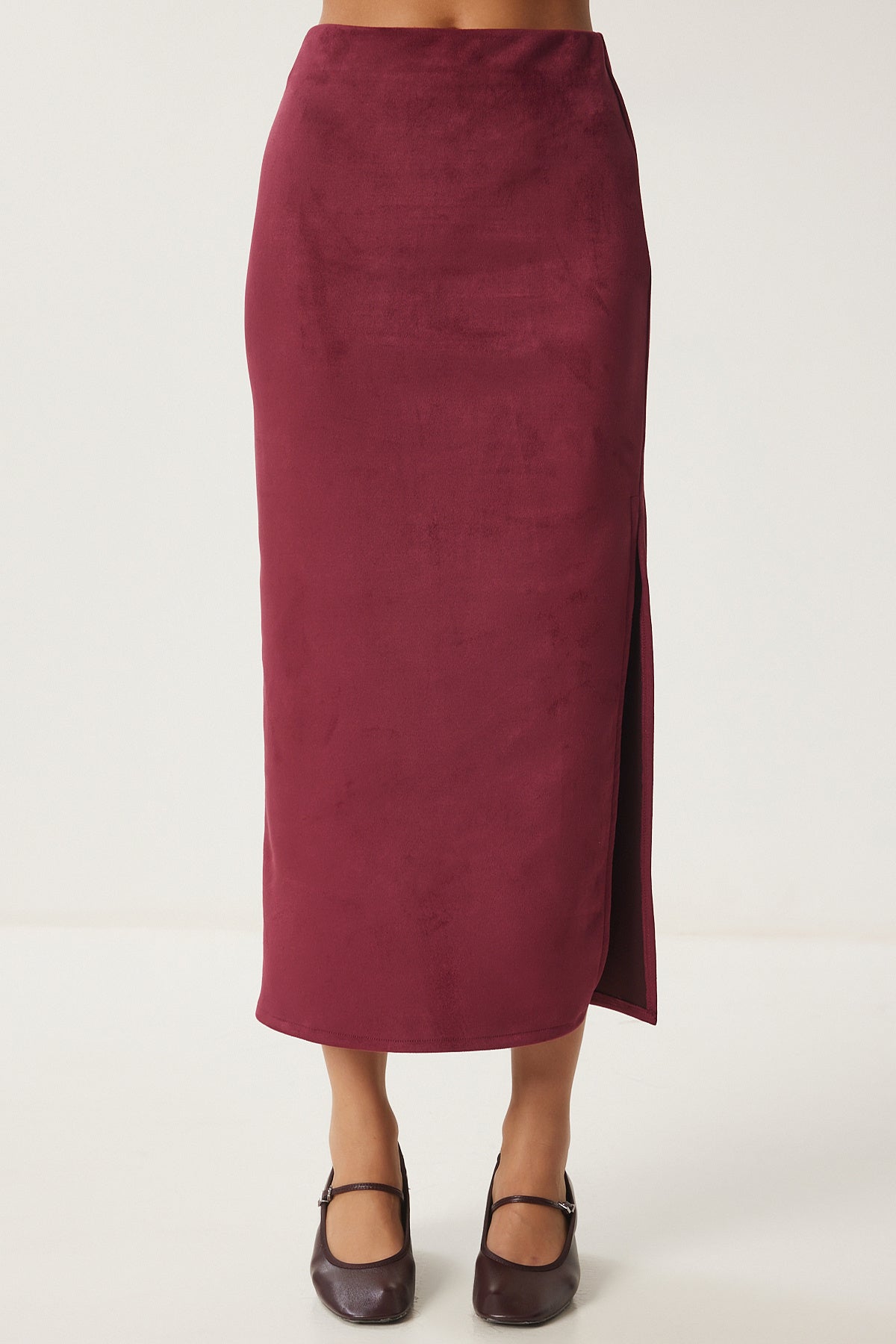 Bordo Yırtmaçlı Uzun Süet Dokuma Etek MC00292