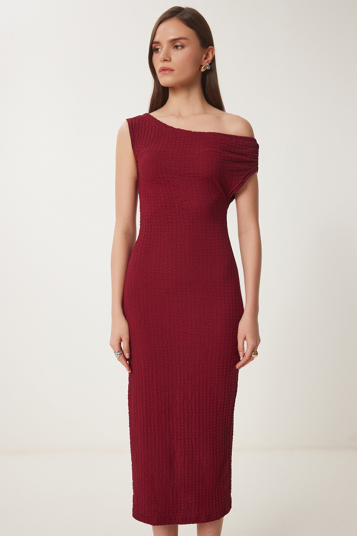 Bordo Dokulu Yazlık Midi Örme Elbise ZV00273