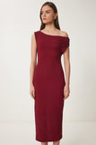 Bordo Dokulu Yazlık Midi Örme Elbise ZV00273