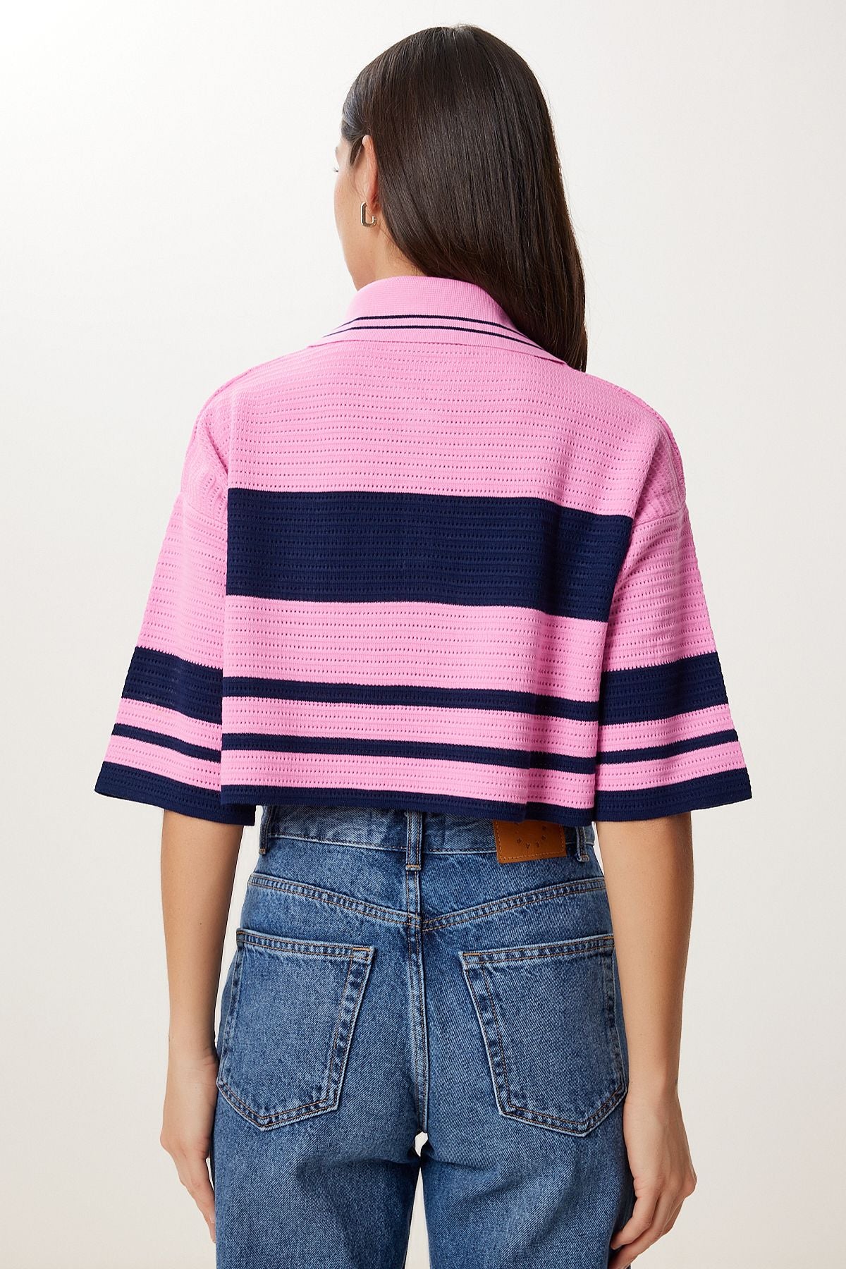 Pembe Lacivert Çizgili Crop Triko Kazak MX00242