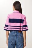 Pembe Lacivert Çizgili Crop Triko Kazak MX00242