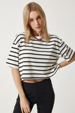 Beyaz Siyah Çizgili Oversize Crop Örme T-Shirt BP00162
