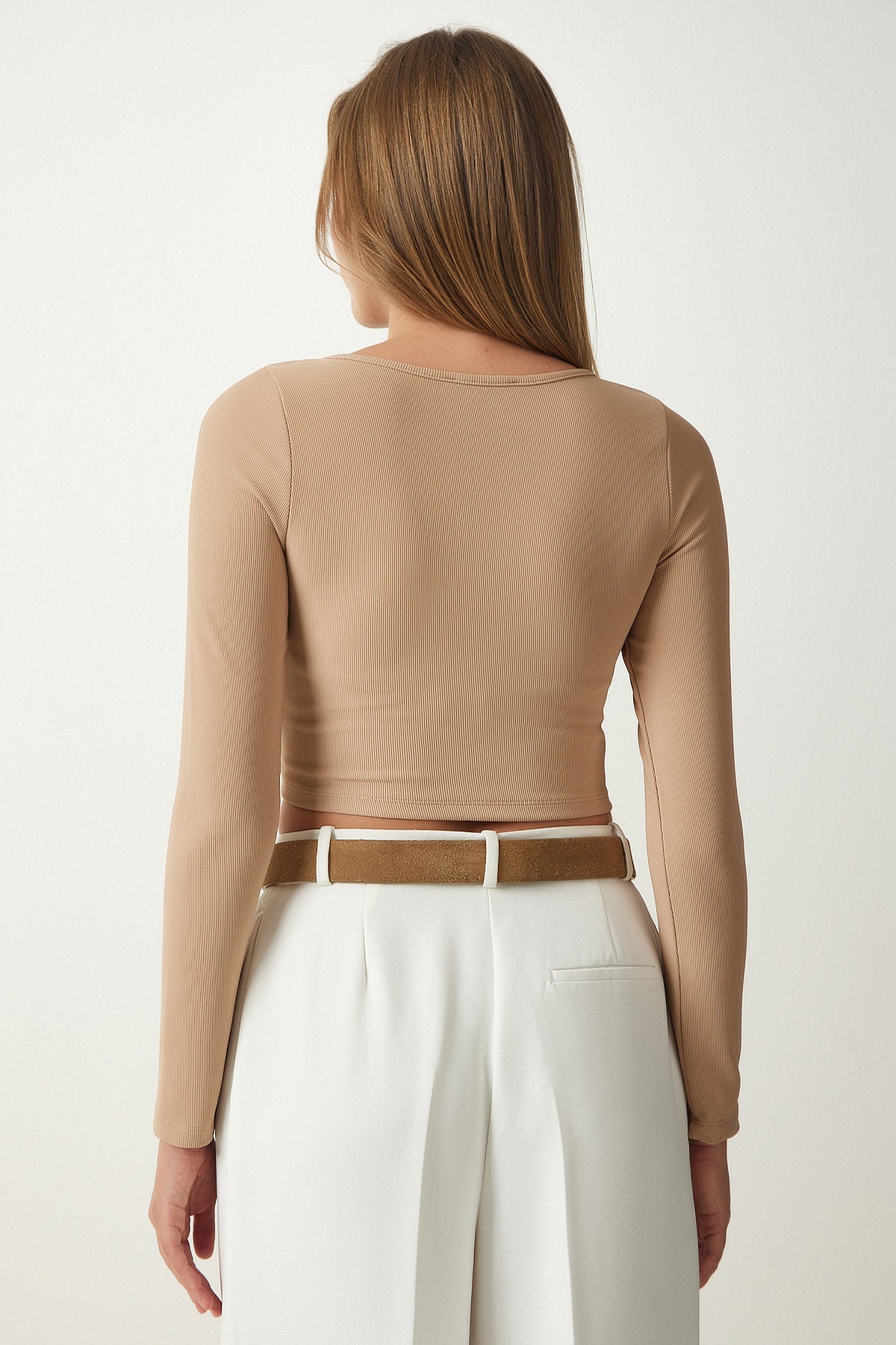 Bej Fermuarlı Fitilli Crop Bluz SF00006