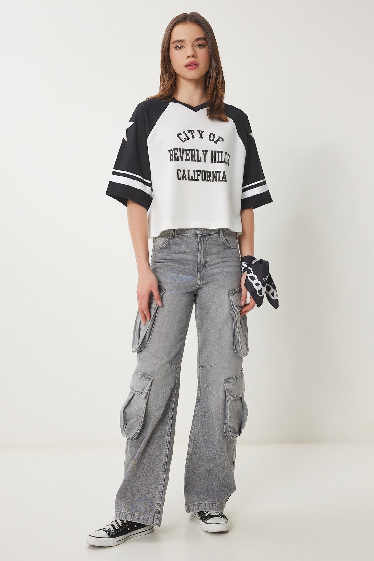 Siyah Beyaz Sloganlı Pamuklu Örme T-Shirt CR00462