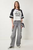 Siyah Beyaz Sloganlı Pamuklu Örme T-Shirt CR00462