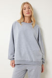 Gri Melanj Bisiklet Yaka Oversize Örme Eşofman Takımı FN03456